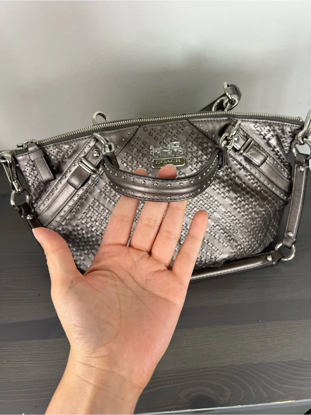 Coach Madison Sophia Pewter Woven Leather Satchel Gun Metal Bag
